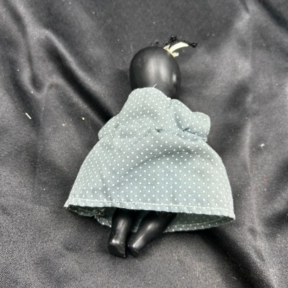 Antique Bisque Porcelain Miniature Doll Black Polka Dot Dress Vintage